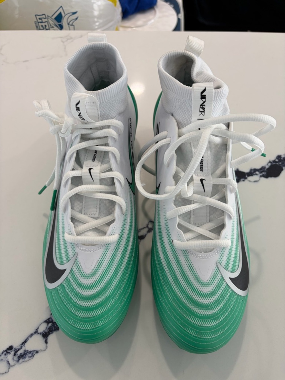 Nike Vapor White & Green High-Top Football/ Soccer Cleats